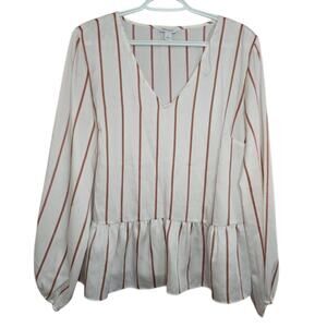 Nine West Peplum Vertical Stripe White Gold Regal Royal Preppy Blouse Large
